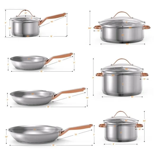 11 Piece Stainless Steel Kitchen Cookware Set Gold Handles