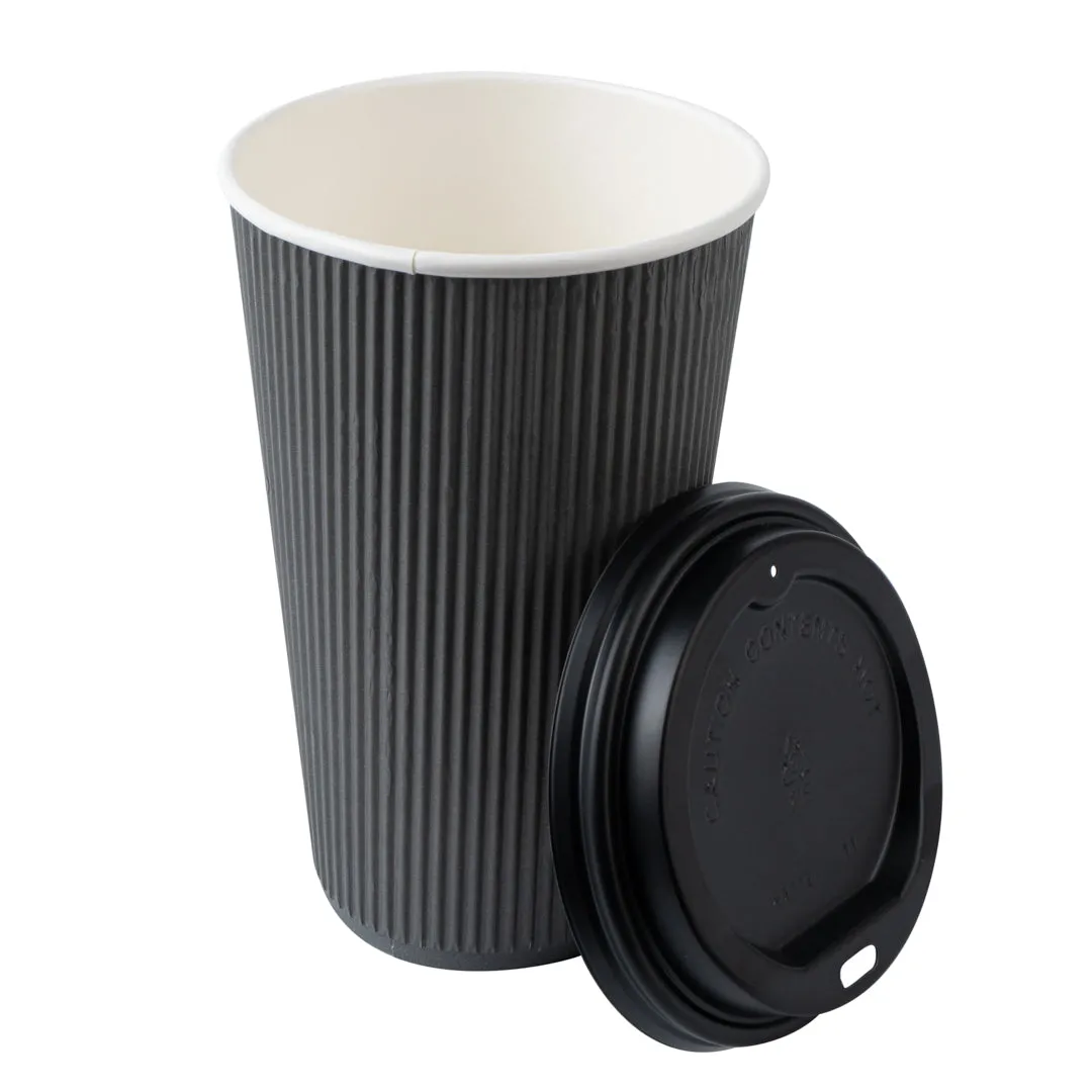 16 oz Gray Paper Ripple Wall Coffee Cup - with Black Lid - 3 1/2" x 3 1/2" x 6 1/4" - 200 count box