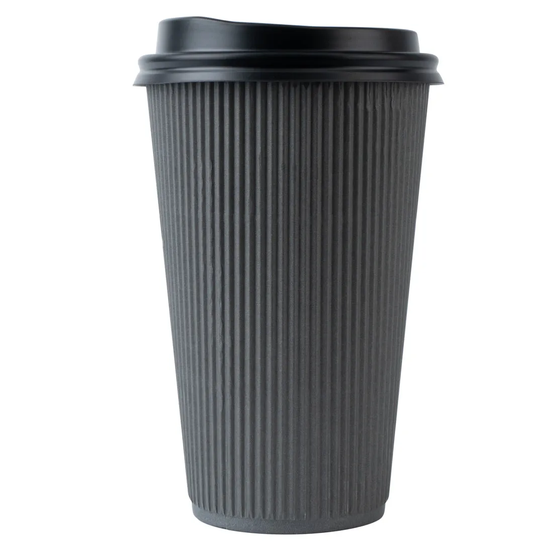 16 oz Gray Paper Ripple Wall Coffee Cup - with Black Lid - 3 1/2" x 3 1/2" x 6 1/4" - 200 count box