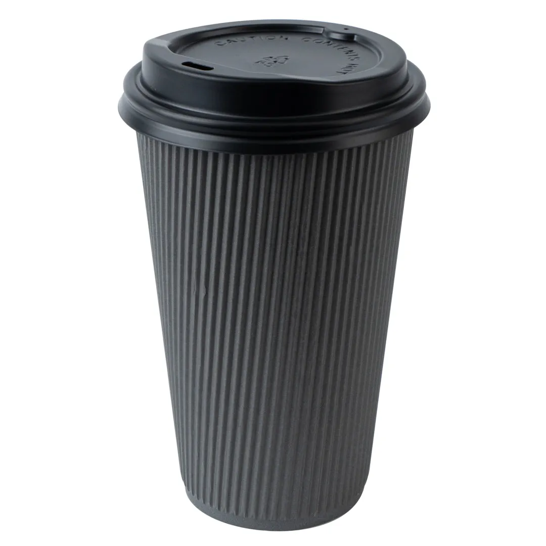 16 oz Gray Paper Ripple Wall Coffee Cup - with Black Lid - 3 1/2" x 3 1/2" x 6 1/4" - 200 count box