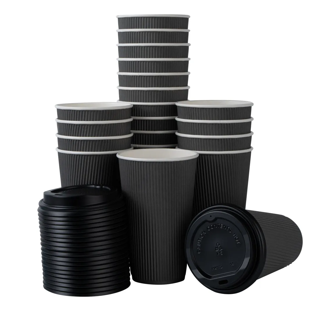 16 oz Gray Paper Ripple Wall Coffee Cup - with Black Lid - 3 1/2" x 3 1/2" x 6 1/4" - 200 count box