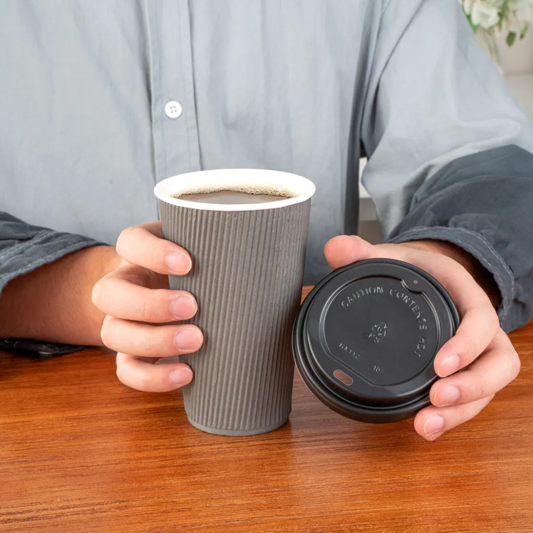 16 oz Gray Paper Ripple Wall Coffee Cup - with Black Lid - 3 1/2" x 3 1/2" x 6 1/4" - 200 count box