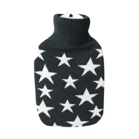 1.8 Litre Hot Water Bottle with Knitted Black with White Star Cover (rubberless)