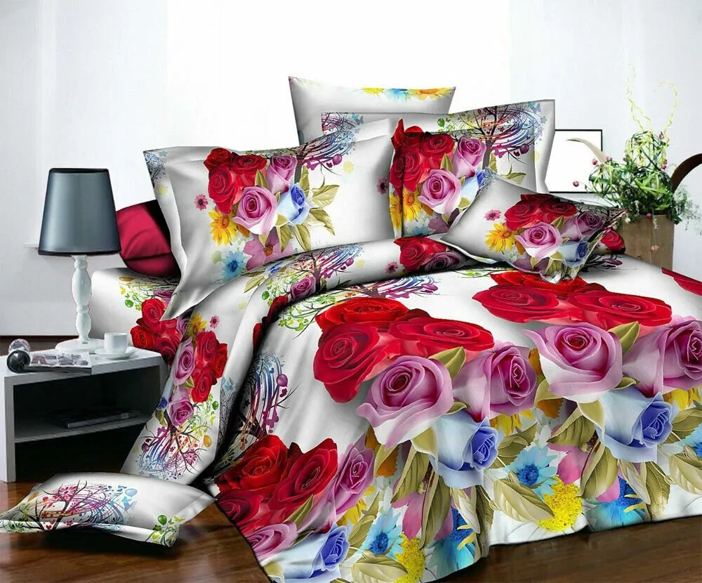 3D 4piece Bedding Set Duvet Cover Colorful Fitted Sheet Complete Floral Printed Set & 2 Pillowcases (294)