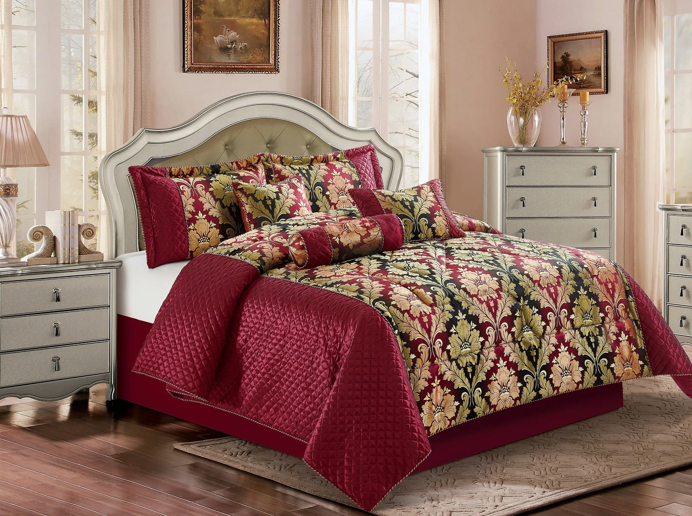 7 Piece Jacquard Quilted Bedspread Bed Skirt Pillow Shams Neck Pillow & Cushion Covers (Clia Burgundy)