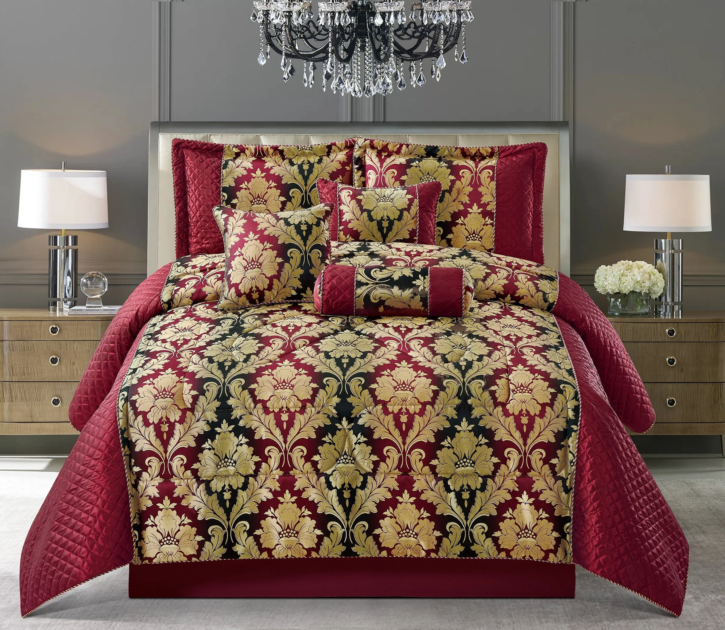 7 Piece Jacquard Quilted Bedspread Bed Skirt Pillow Shams Neck Pillow & Cushion Covers (Clia Burgundy)