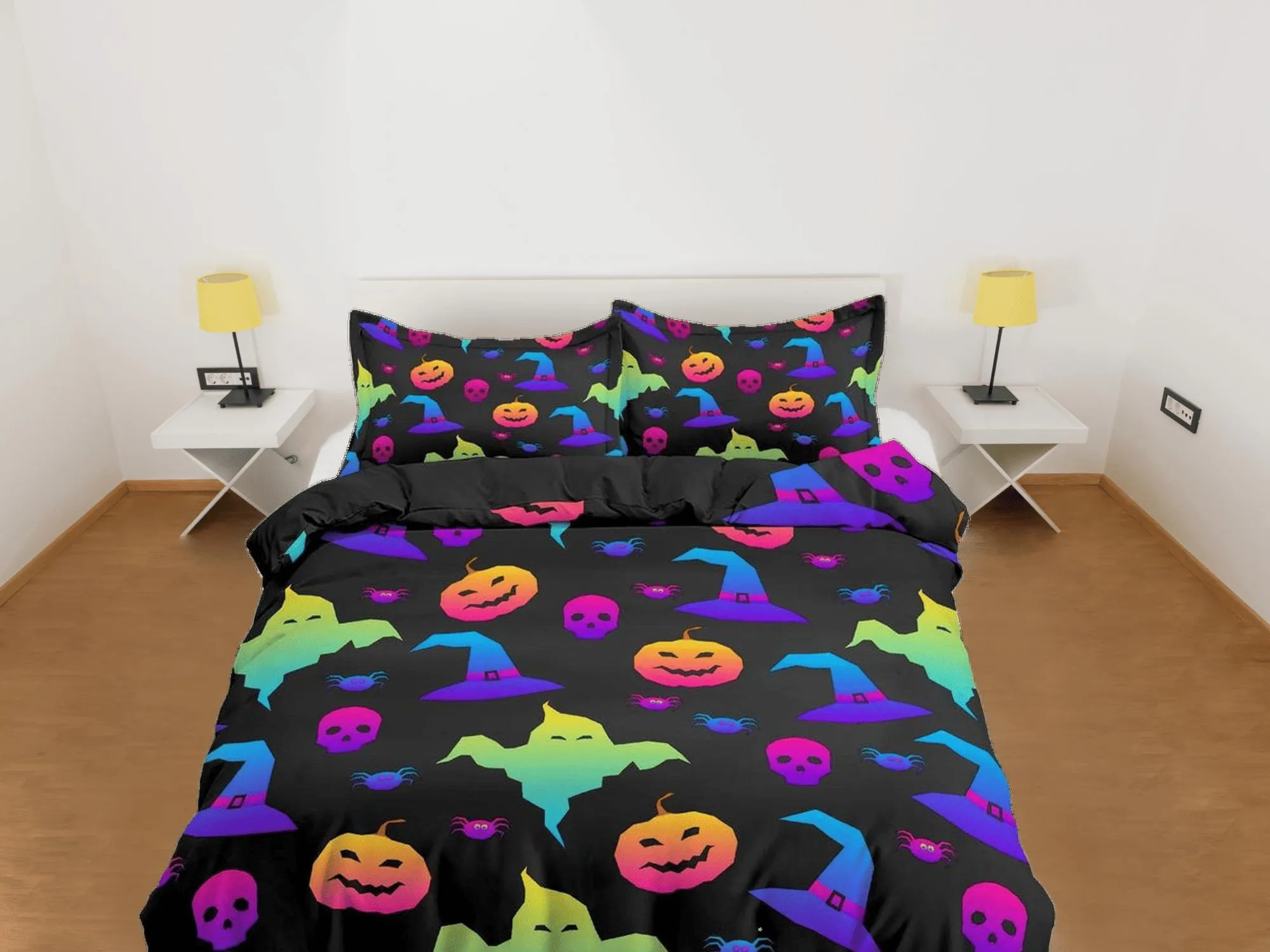 90s neon retro halloween bedding & pillowcase, pumpkin duvet cover set dorm bedding halloween decor, nursery toddler bedding, halloween gift