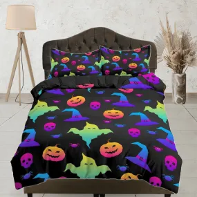 90s neon retro halloween bedding & pillowcase, pumpkin duvet cover set dorm bedding halloween decor, nursery toddler bedding, halloween gift