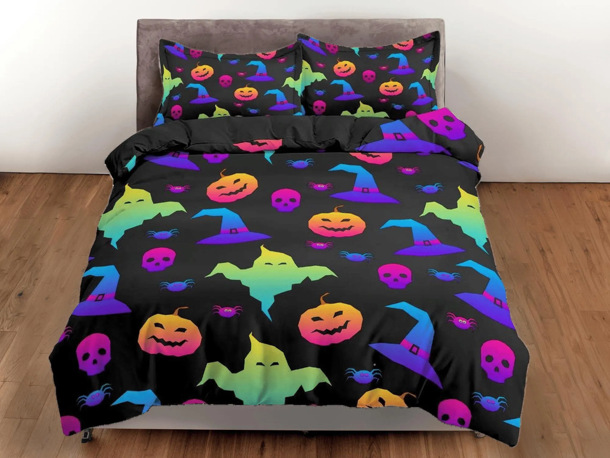 90s neon retro halloween bedding & pillowcase, pumpkin duvet cover set dorm bedding halloween decor, nursery toddler bedding, halloween gift