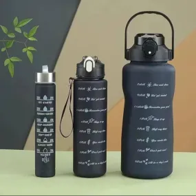 All Black Water Bottle | Bottle Set with Straw 3 Pcs, 2000ml 900ml 300ml