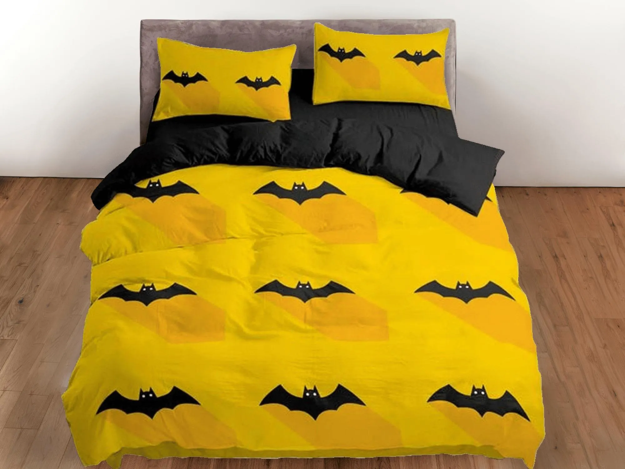 Bat halloween full size bedding & pillowcase, yellow duvet cover set dorm bedding, halloween decor, nursery toddler bedding, halloween gift