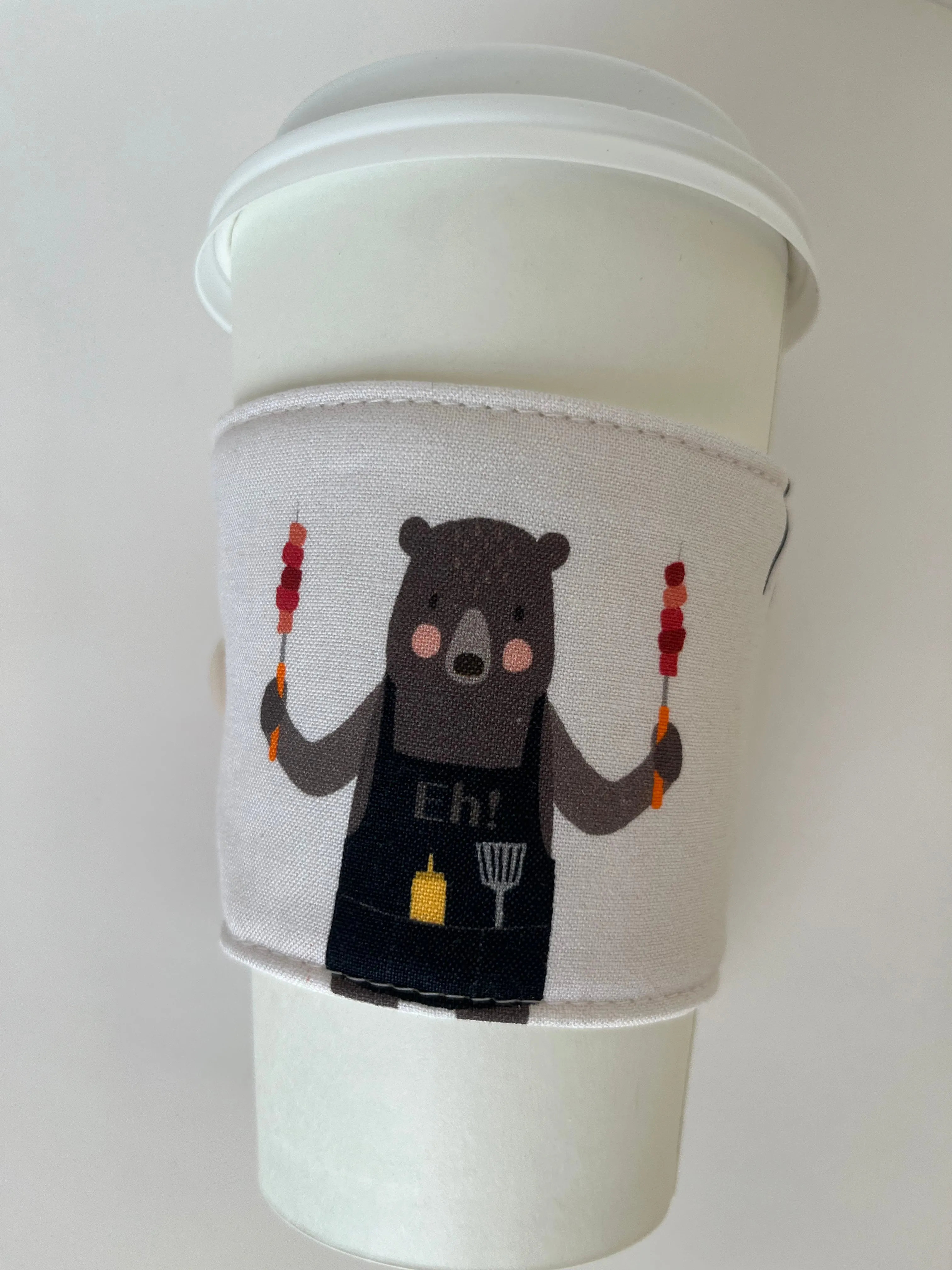 Bears Having Barbecue Canadian Themed Coffee Cup Cozy, fabric coffee sleeve