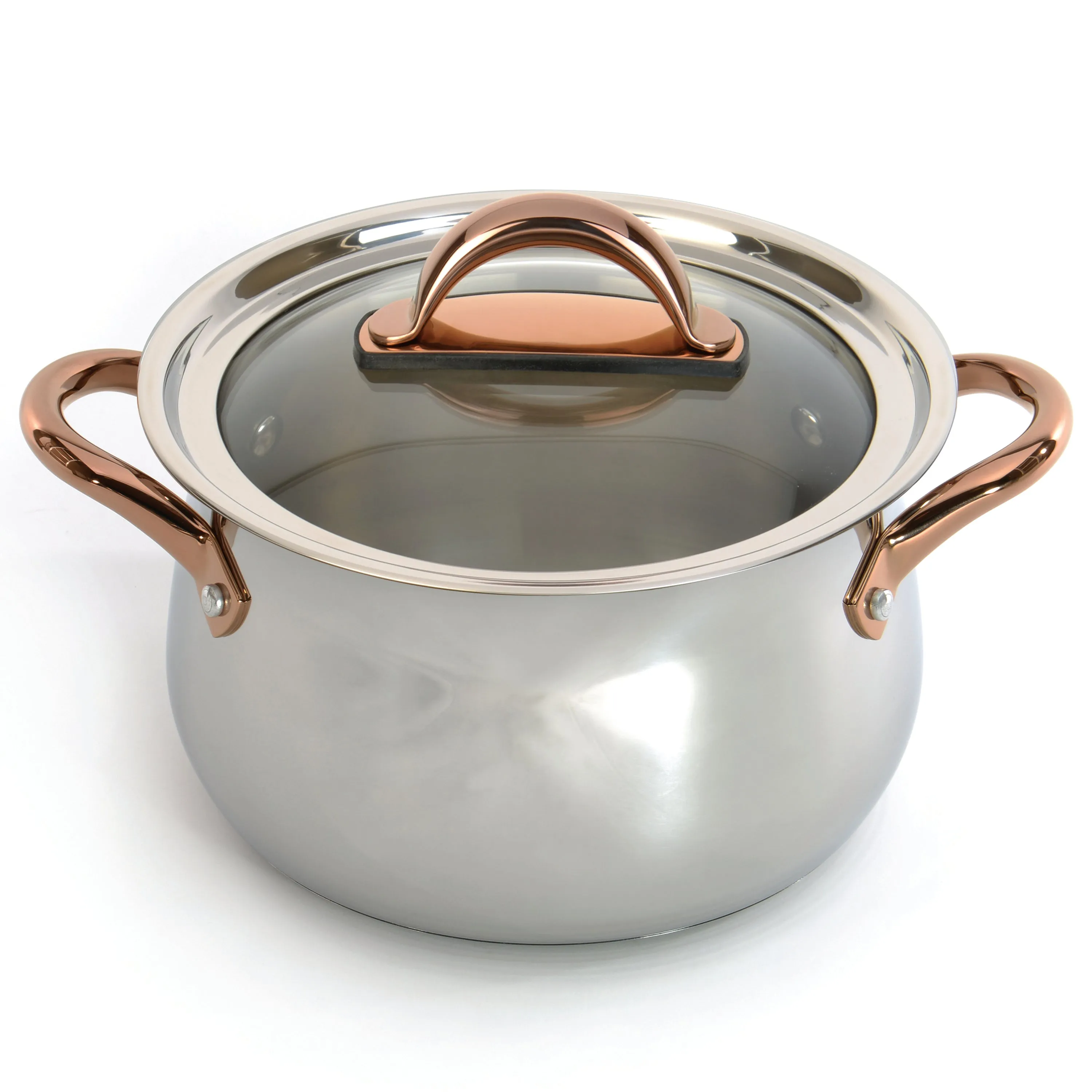 BergHOFF Ouro Gold 3pc 18/10 Stainless Steel Cookware Set, Glass Lids, Rose Gold Handles