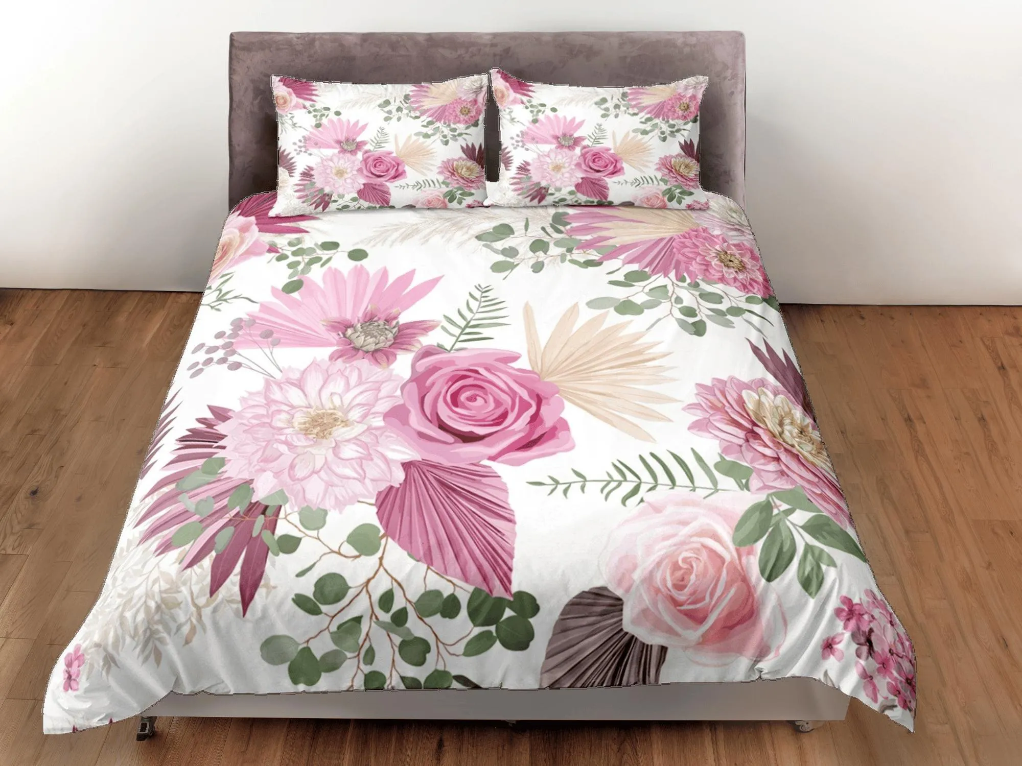 Bohemian pink roses and camelia duvet cover colorful bedding, teen girl bedroom, baby girl crib bedding boho maximalist bedspread aesthetic