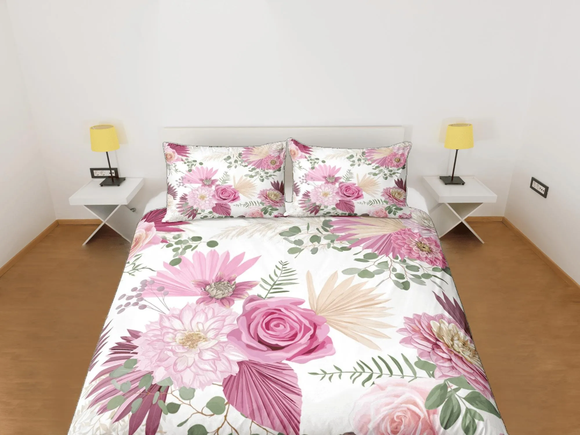 Bohemian pink roses and camelia duvet cover colorful bedding, teen girl bedroom, baby girl crib bedding boho maximalist bedspread aesthetic