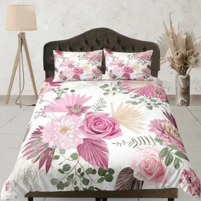 Bohemian pink roses and camelia duvet cover colorful bedding, teen girl bedroom, baby girl crib bedding boho maximalist bedspread aesthetic