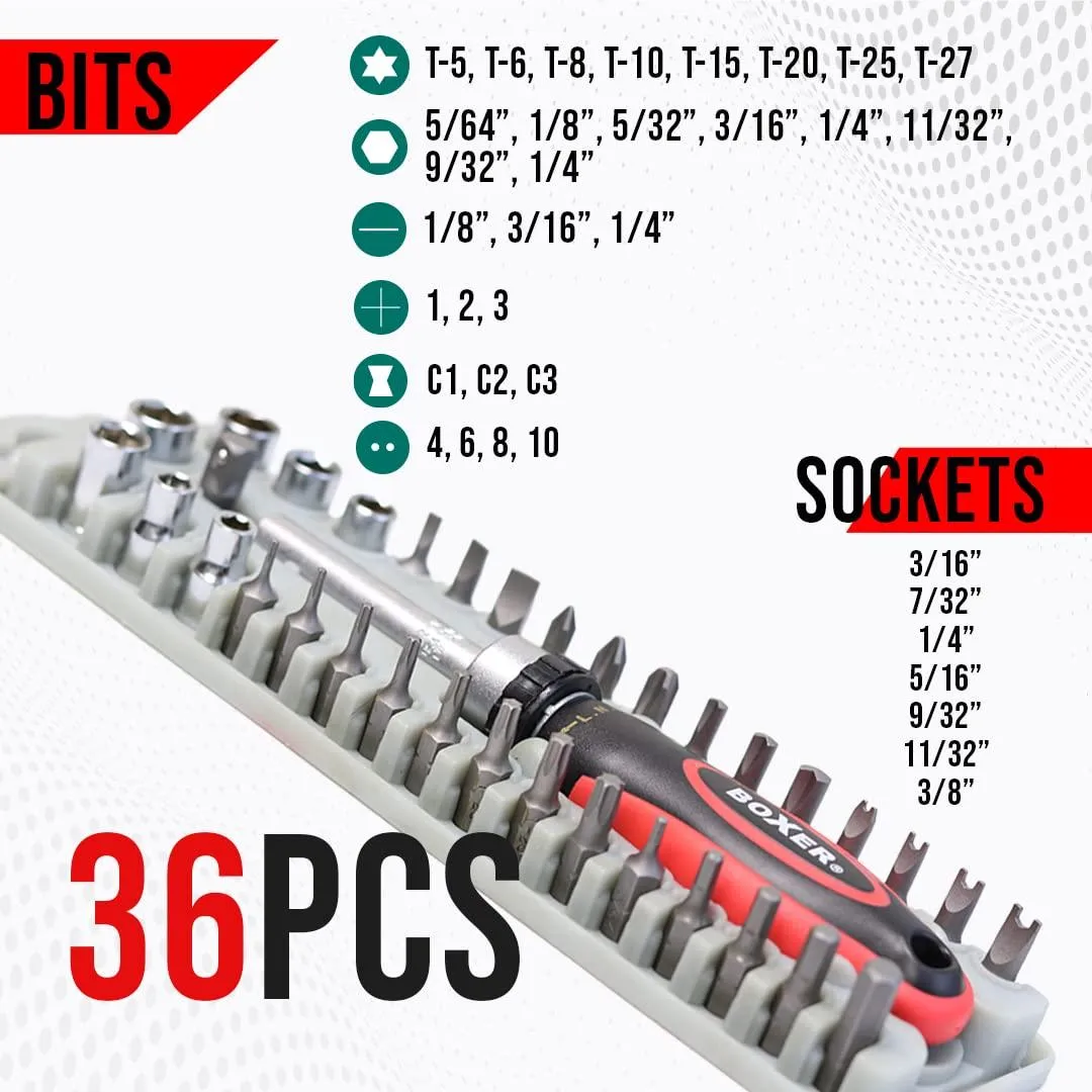 BOXER C36 Premium 36 Piece Sockets, Bits, and Ratchet Screwdriver Tool Kit, SAE Standards, Torx, Includs Secure Cling Tight Hard Case, Portable, Convenient