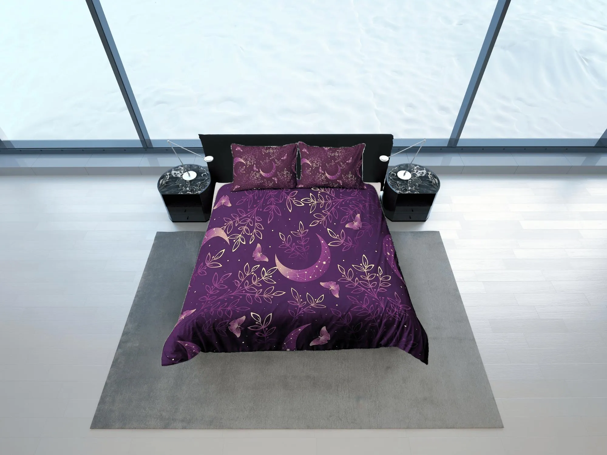 Celestial moon bedding purple, witchy decor dorm bedding, aesthetic duvet cover, boho bedding set full king queen, astrology gifts, gothic