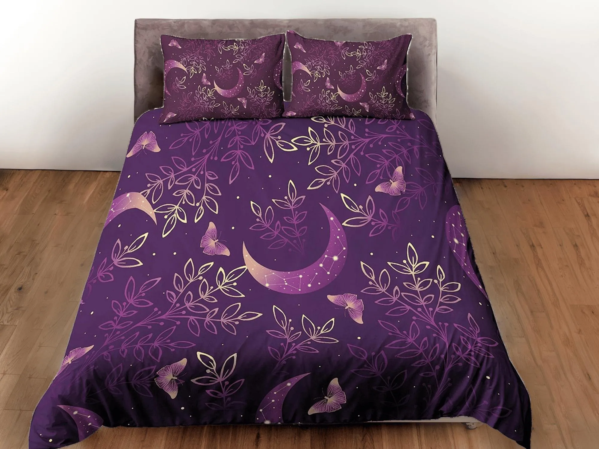 Celestial moon bedding purple, witchy decor dorm bedding, aesthetic duvet cover, boho bedding set full king queen, astrology gifts, gothic