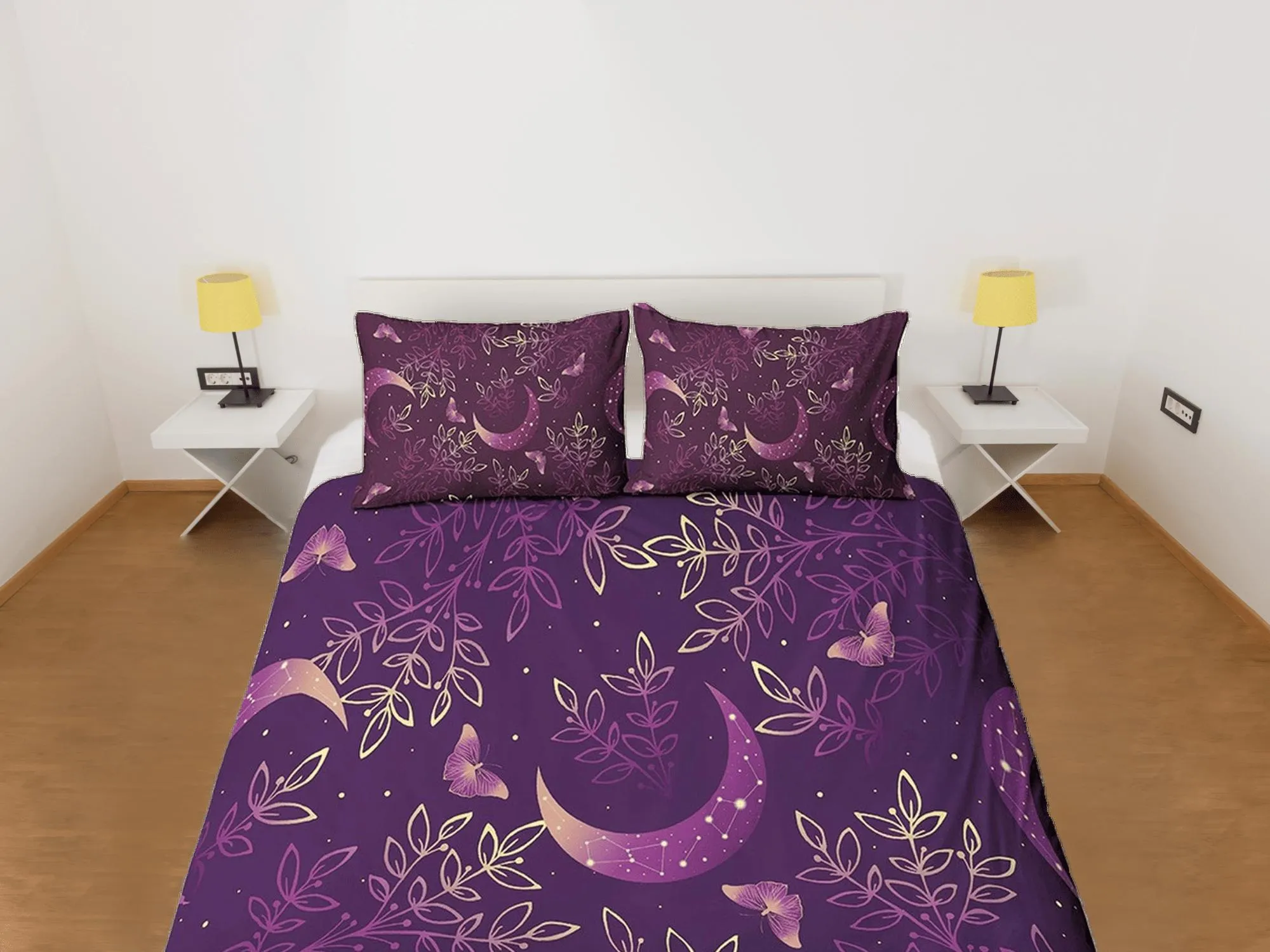 Celestial moon bedding purple, witchy decor dorm bedding, aesthetic duvet cover, boho bedding set full king queen, astrology gifts, gothic