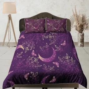 Celestial moon bedding purple, witchy decor dorm bedding, aesthetic duvet cover, boho bedding set full king queen, astrology gifts, gothic