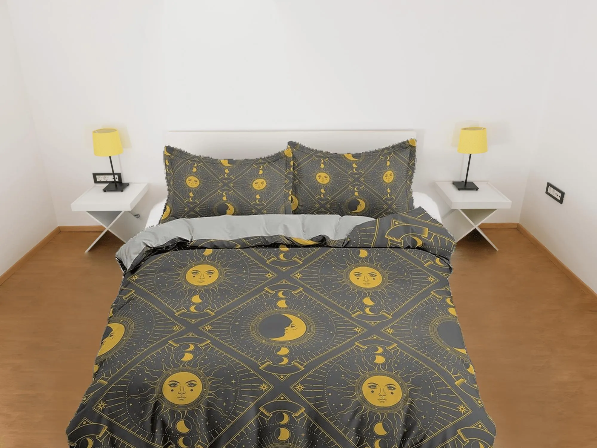 Celestial sun and moon grey bedding, witchy decor dorm bedding, aesthetic duvet, boho bedding set full king queen, astrology gothic decor