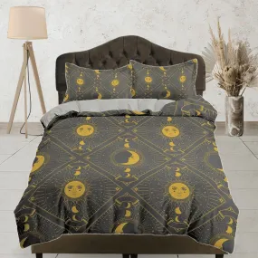 Celestial sun and moon grey bedding, witchy decor dorm bedding, aesthetic duvet, boho bedding set full king queen, astrology gothic decor