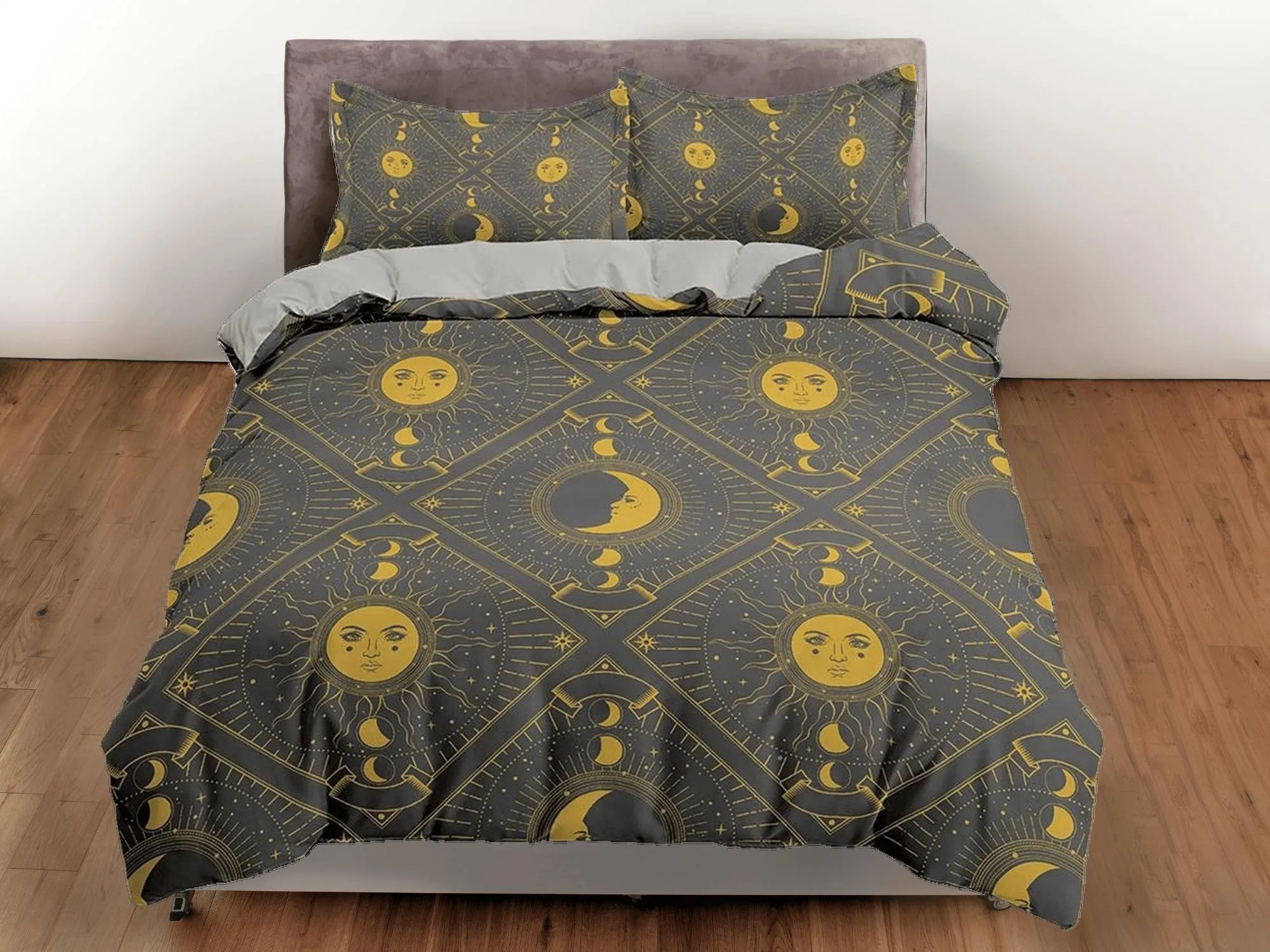 Celestial sun and moon grey bedding, witchy decor dorm bedding, aesthetic duvet, boho bedding set full king queen, astrology gothic decor