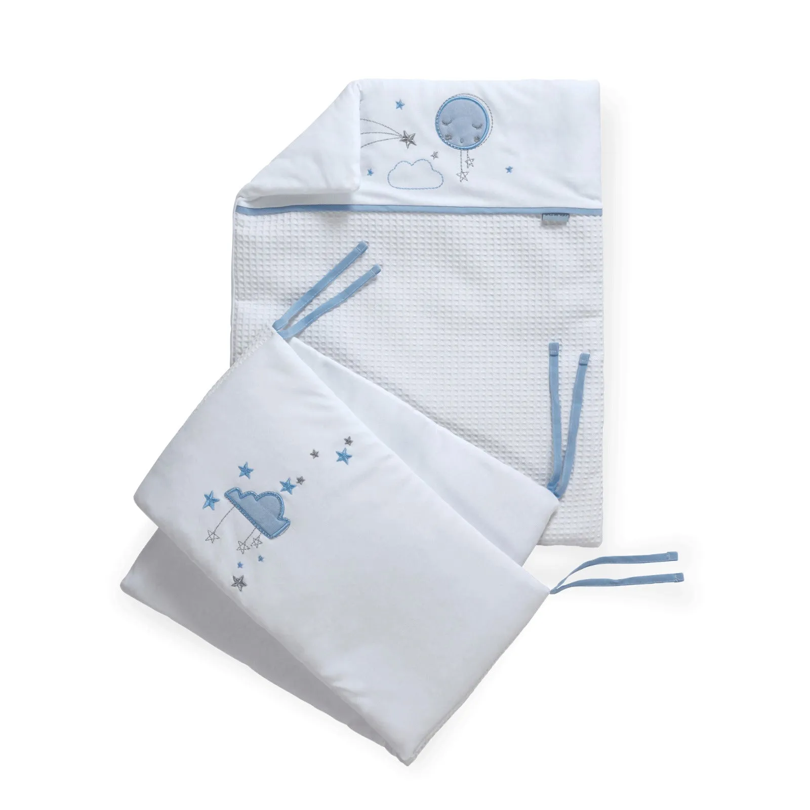 Clair-de-lune Over The Moon Cot Quilt & Bumper Set - White/Blue