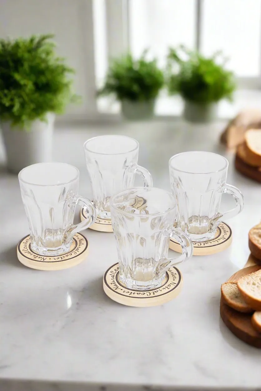 Clear Glass Cup With Wooden Coaster Set ( 8 Piece)