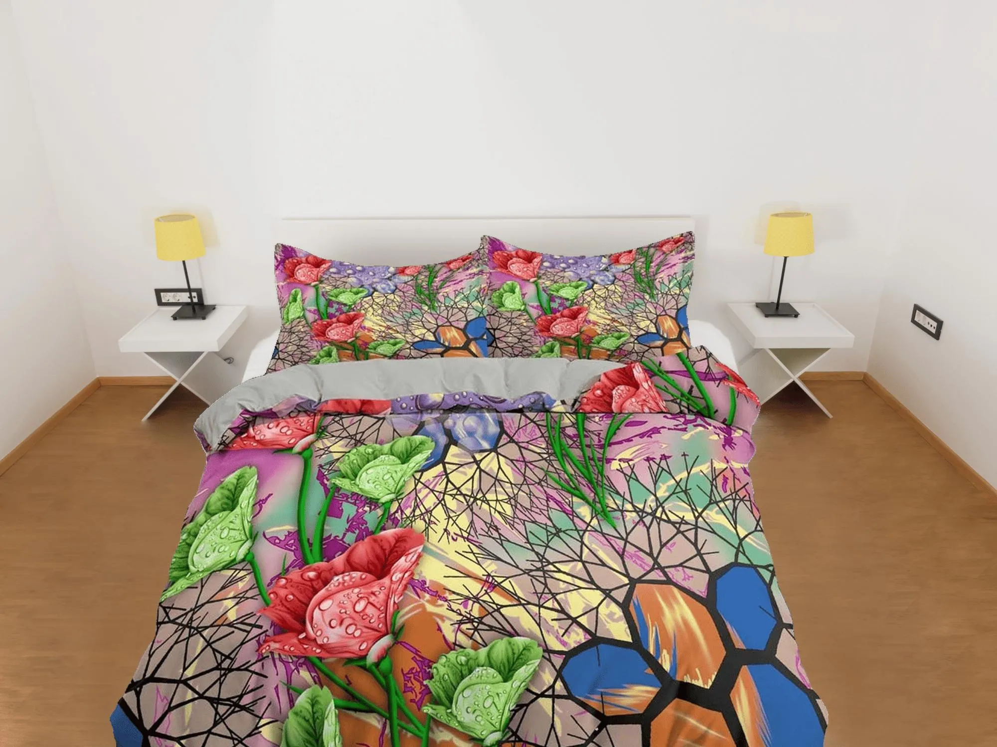 Colorful bedding floral duvet cover abstract, teen girl bedroom, baby girl crib bedding boho maximalist bedspread aesthetic bedding