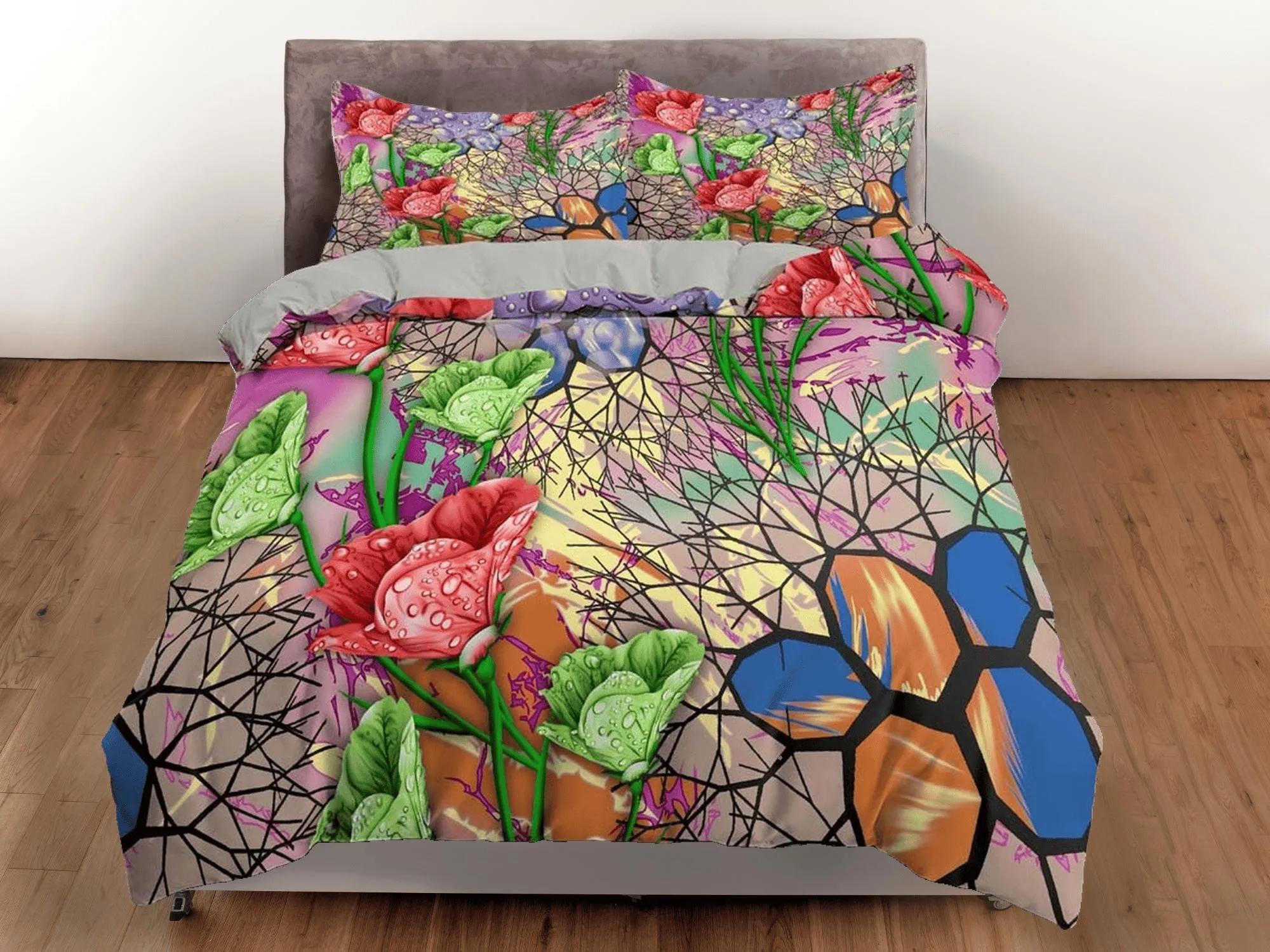 Colorful bedding floral duvet cover abstract, teen girl bedroom, baby girl crib bedding boho maximalist bedspread aesthetic bedding