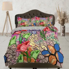 Colorful bedding floral duvet cover abstract, teen girl bedroom, baby girl crib bedding boho maximalist bedspread aesthetic bedding