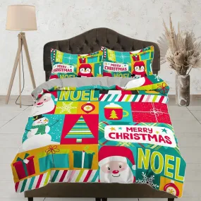 Colorful santa claus snowman duvet cover set christmas full size bedding & pillowcase, college bedding, crib toddler bedding, holiday gift