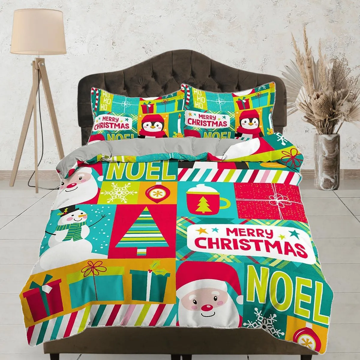 Colorful santa claus snowman duvet cover set christmas full size bedding & pillowcase, college bedding, crib toddler bedding, holiday gift