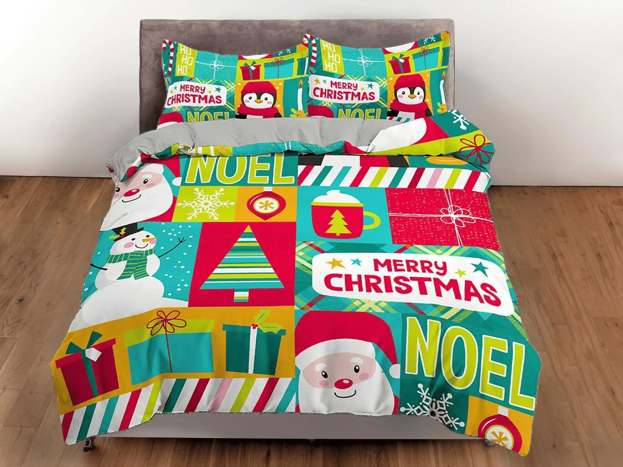 Colorful santa claus snowman duvet cover set christmas full size bedding & pillowcase, college bedding, crib toddler bedding, holiday gift