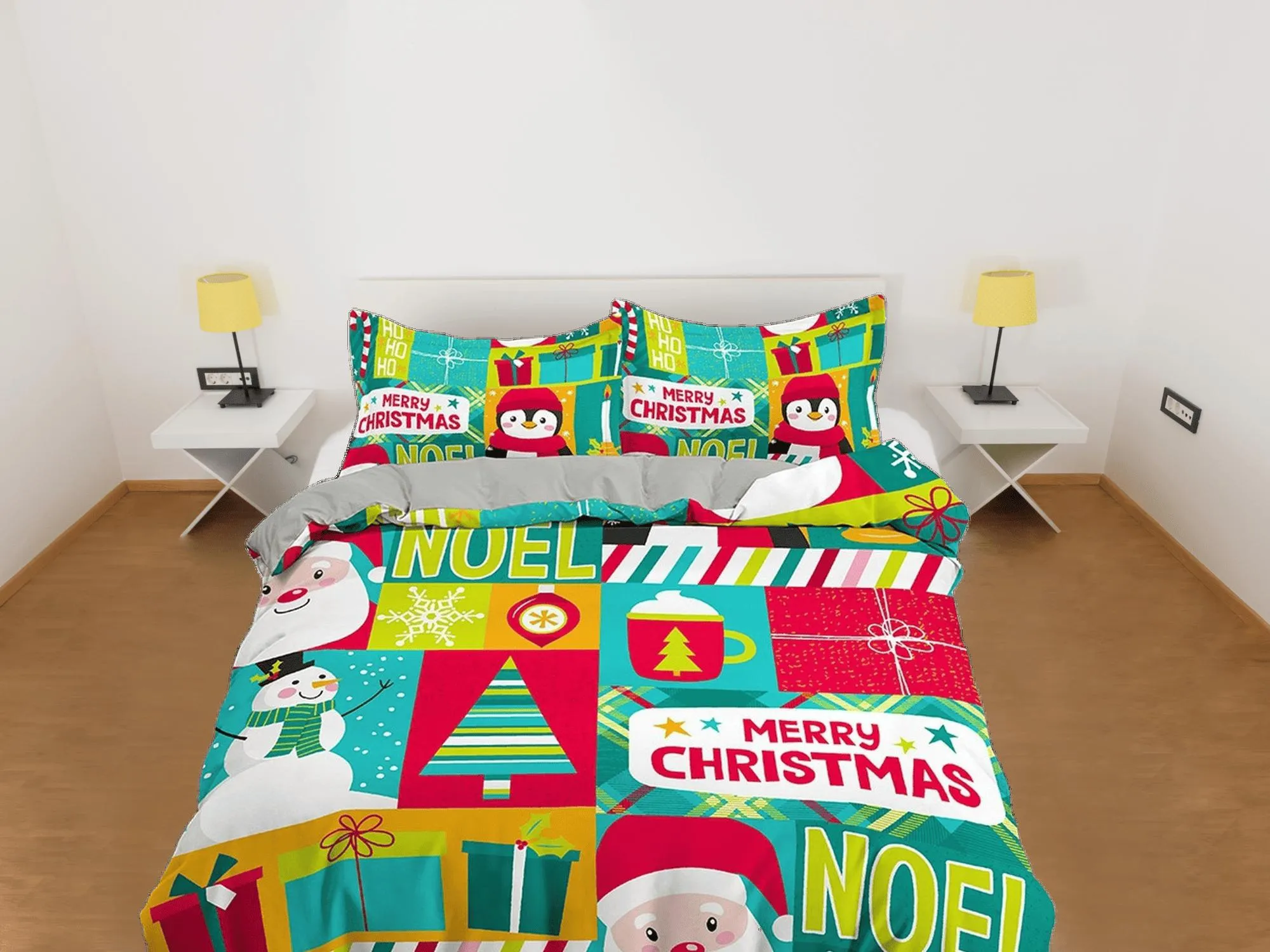 Colorful santa claus snowman duvet cover set christmas full size bedding & pillowcase, college bedding, crib toddler bedding, holiday gift