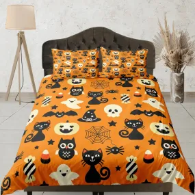 Cute pumpkin, owl and black cat halloween bedding & pillowcase, orange duvet cover, dorm bedding, goth decor toddler bedding, halloween gift