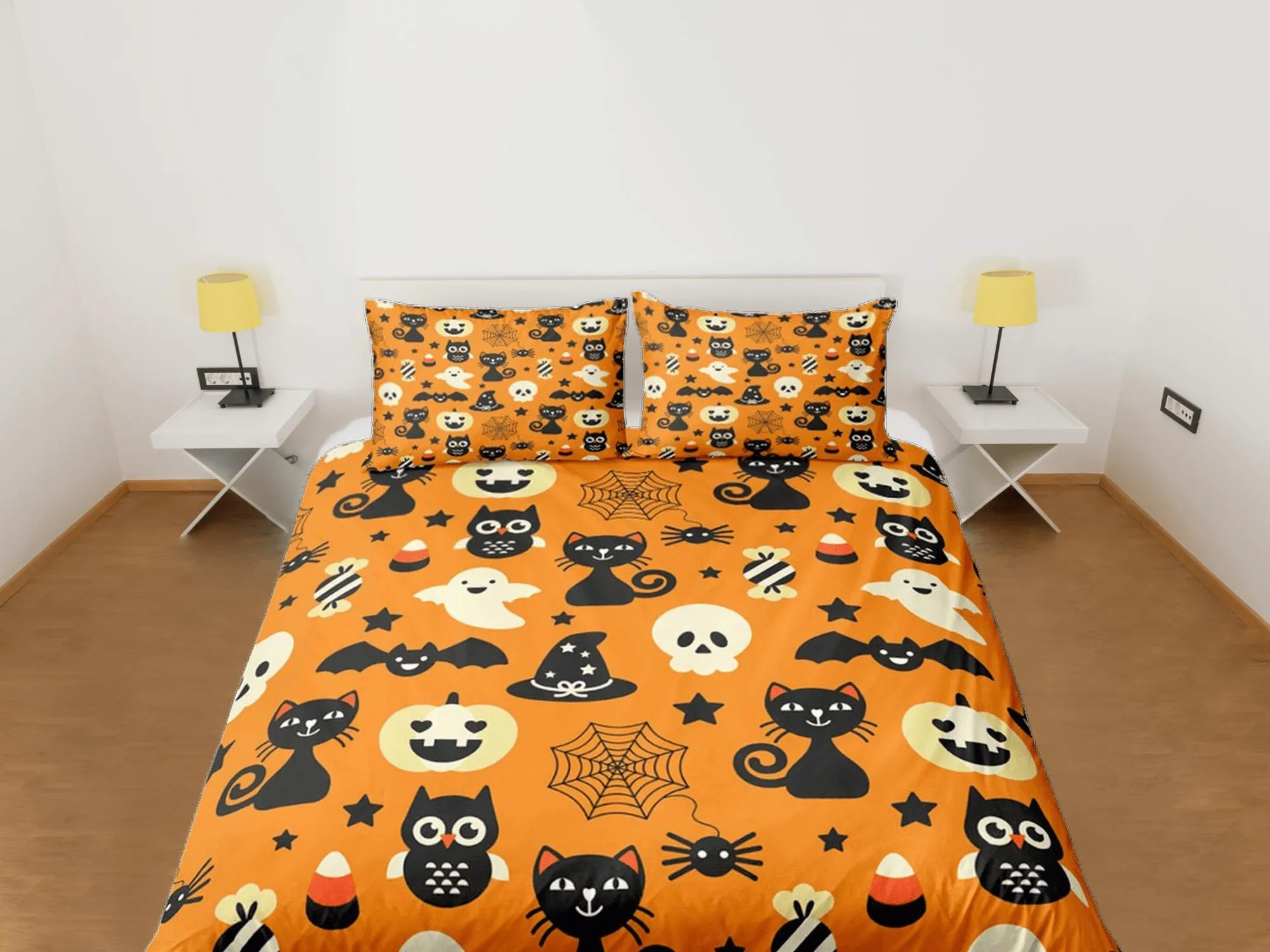 Cute pumpkin, owl and black cat halloween bedding & pillowcase, orange duvet cover, dorm bedding, goth decor toddler bedding, halloween gift