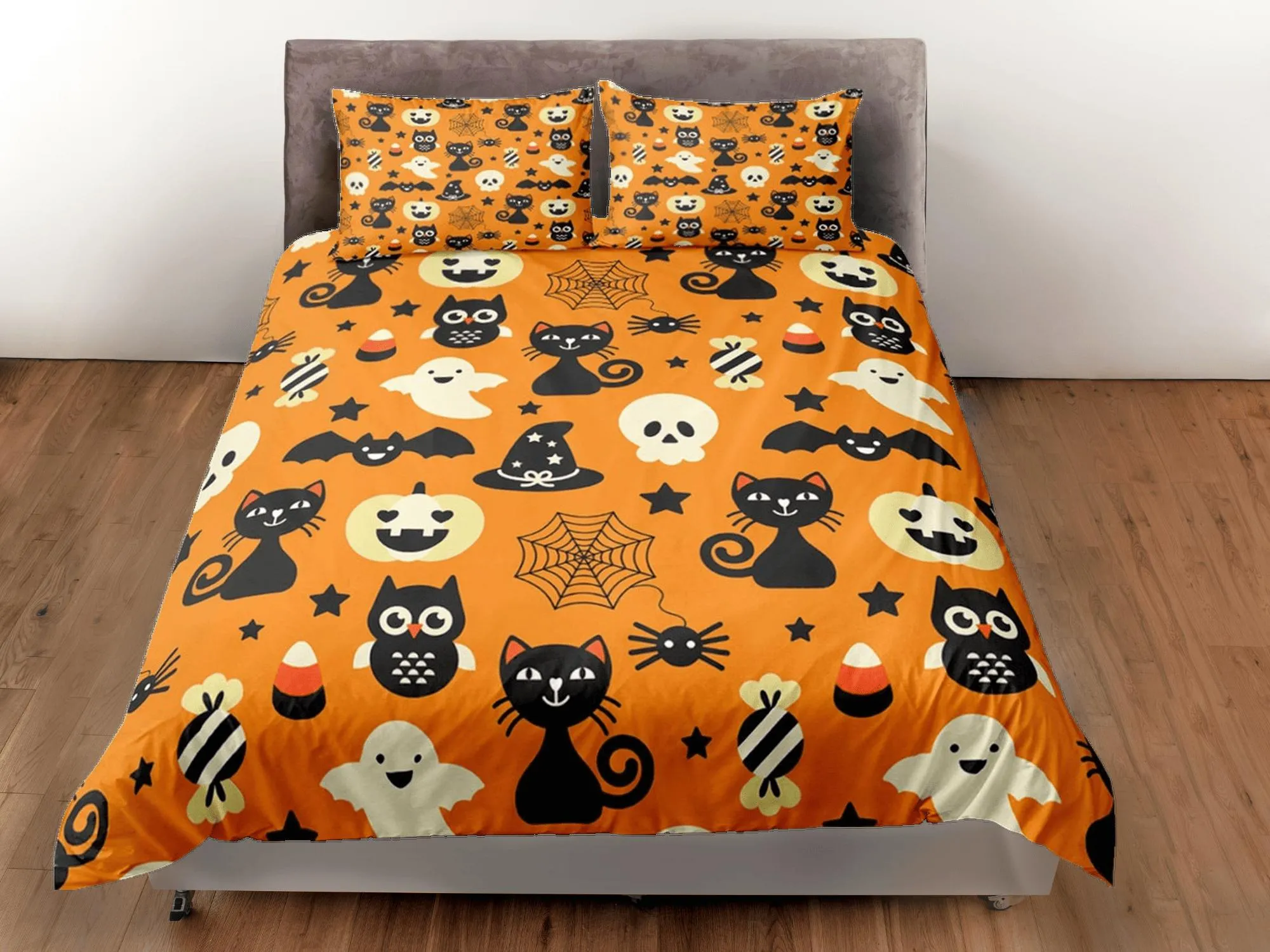 Cute pumpkin, owl and black cat halloween bedding & pillowcase, orange duvet cover, dorm bedding, goth decor toddler bedding, halloween gift