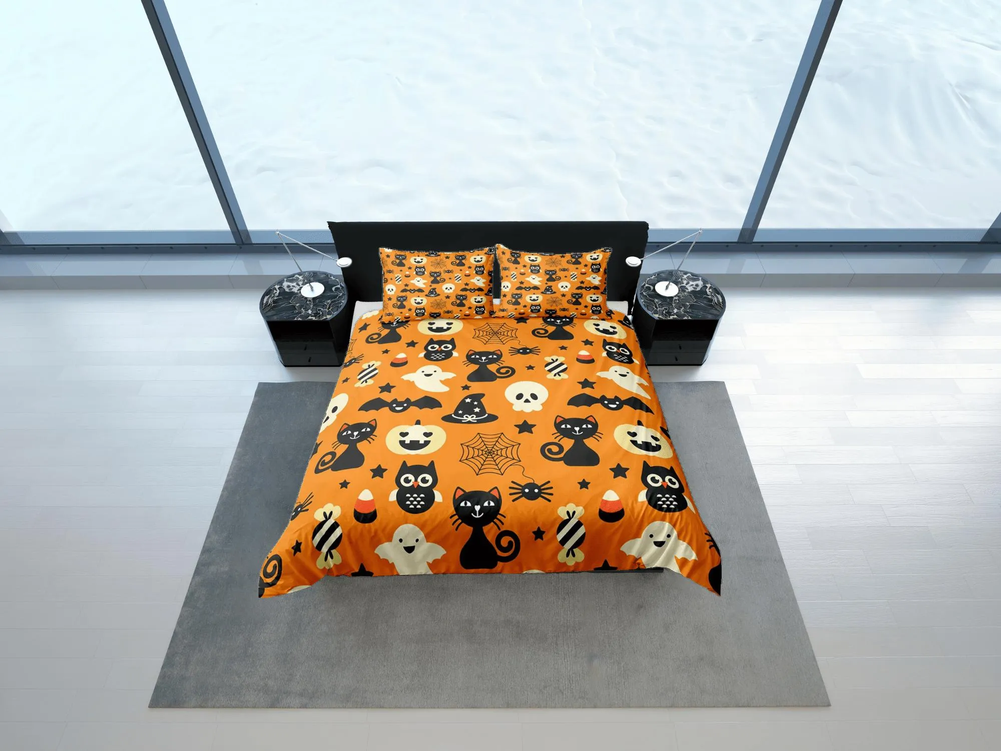 Cute pumpkin, owl and black cat halloween bedding & pillowcase, orange duvet cover, dorm bedding, goth decor toddler bedding, halloween gift