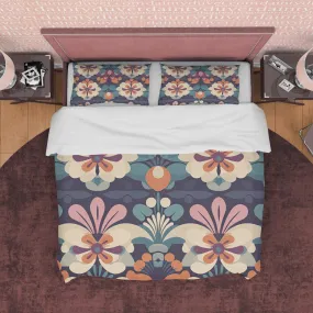 Decorative Abstract Floral Retro Bedding Set, Vintage Flower Bohemian Duvet Cover, Seamless Pattern  Quilt Cover, Zipper Bedding