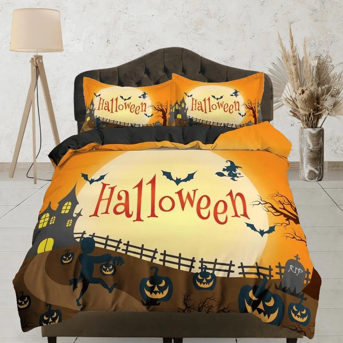 Farmhouse halloween bedding & pillowcase, gothic duvet cover, dorm bedding, goth decor toddler bedding, halloween gift