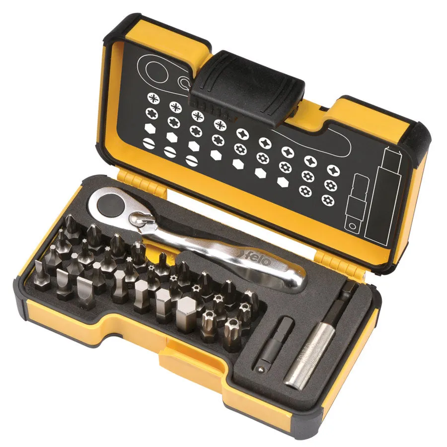 Felo 61545 XS 33 Inch Pocket Sized Ratchet and Bit Set with Phillips, Slot, Torx, Security Torx, Pozi and Metric Hex Bits