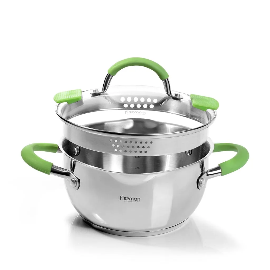 Fissman Stockpot Charlotte Series 18/10 Inox304 Stainless Steel With Clear Glass Lid. Built-In Strainer With Silicone Handles 20x10cm/2.5LTR