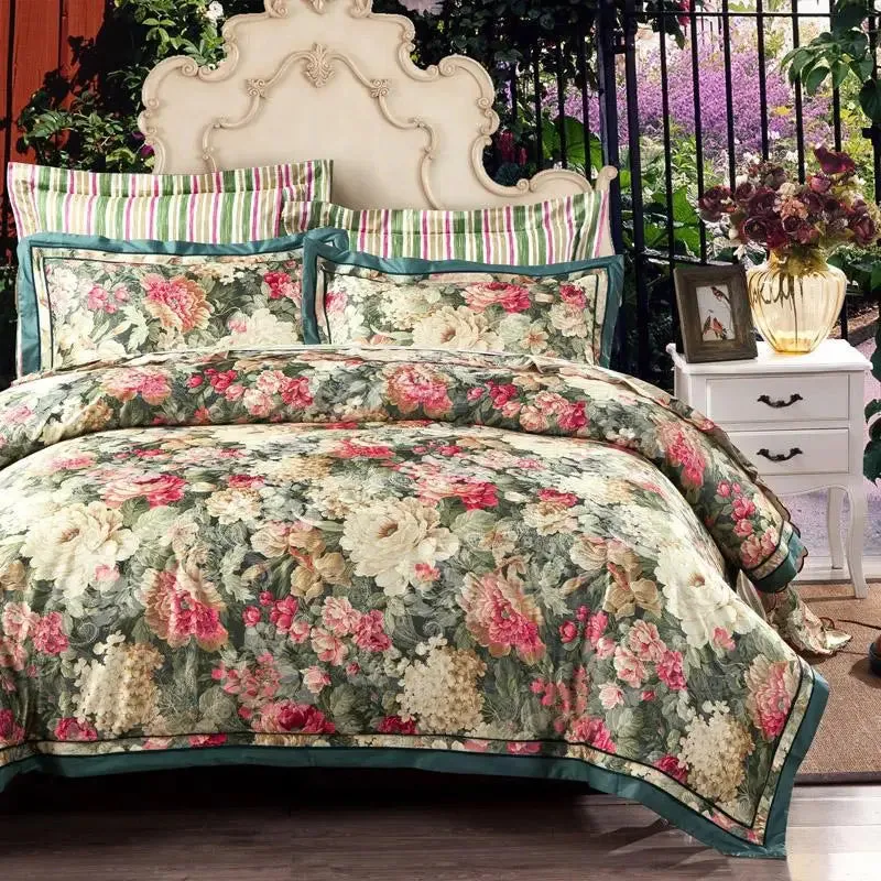 FLYTONN-Vintage Chic Flowers Vibrant Blossom Bedding 1Duvet Cover 1Flat Sheet 2Pillowcases Cotton Satin Gorgeous Soft Easy care not fade