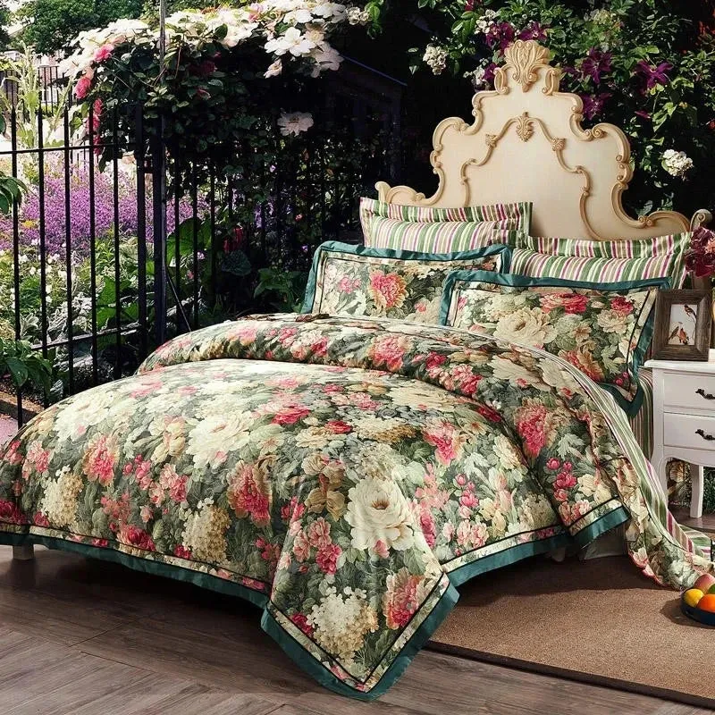 FLYTONN-Vintage Chic Flowers Vibrant Blossom Bedding 1Duvet Cover 1Flat Sheet 2Pillowcases Cotton Satin Gorgeous Soft Easy care not fade