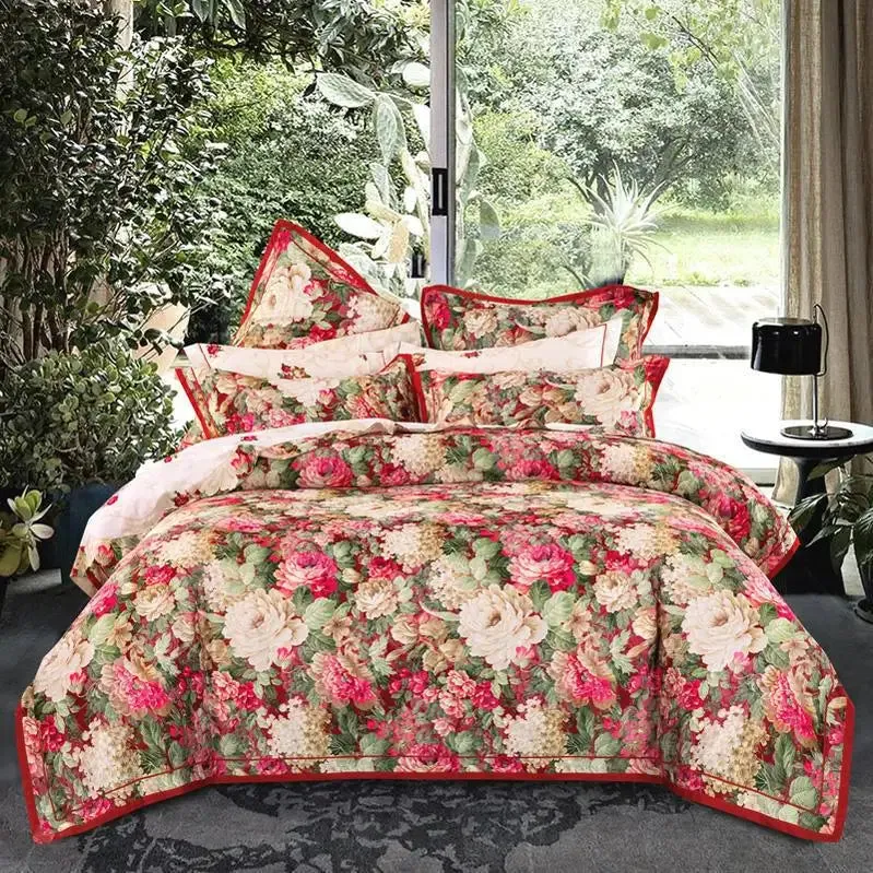 FLYTONN-Vintage Chic Flowers Vibrant Blossom Bedding 1Duvet Cover 1Flat Sheet 2Pillowcases Cotton Satin Gorgeous Soft Easy care not fade