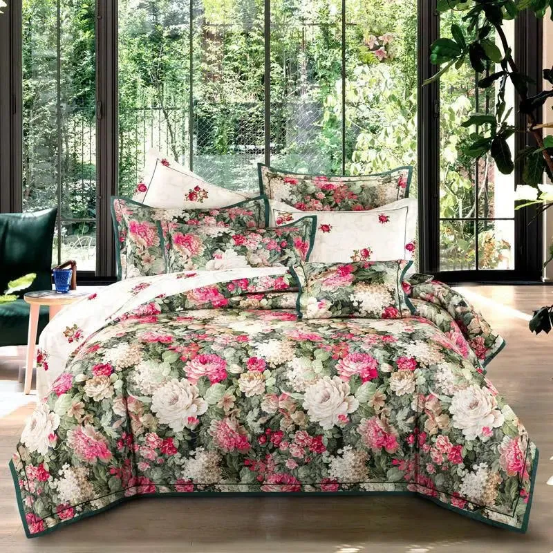 FLYTONN-Vintage Chic Flowers Vibrant Blossom Bedding 1Duvet Cover 1Flat Sheet 2Pillowcases Cotton Satin Gorgeous Soft Easy care not fade