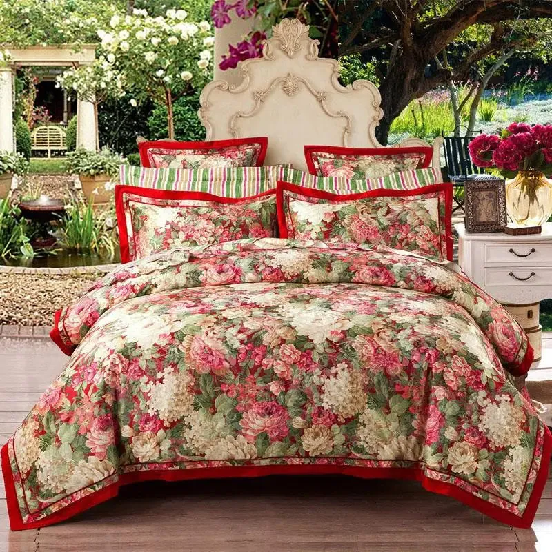 FLYTONN-Vintage Chic Flowers Vibrant Blossom Bedding 1Duvet Cover 1Flat Sheet 2Pillowcases Cotton Satin Gorgeous Soft Easy care not fade